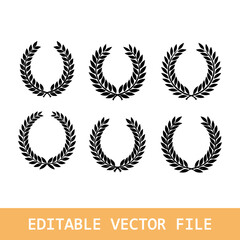 Fototapeta premium Laurel wreath Set, Black circular laurel olive branches greek wreath. Black Chaplet Nominate Winner Silhouette Icon Set.