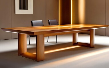 Modern wooden dining table with elegant chairs in a stylish interior setting, softly lit ambiance