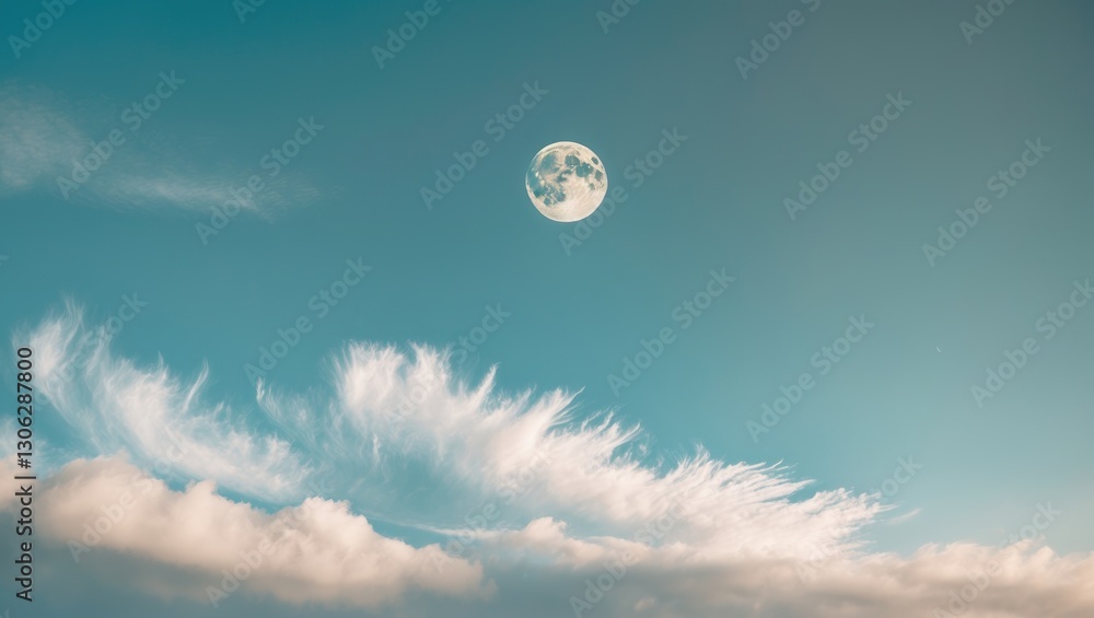 Poster daytime sky featuring a half moon with wispy clouds in a horizontal layout, perfect for viewing clou