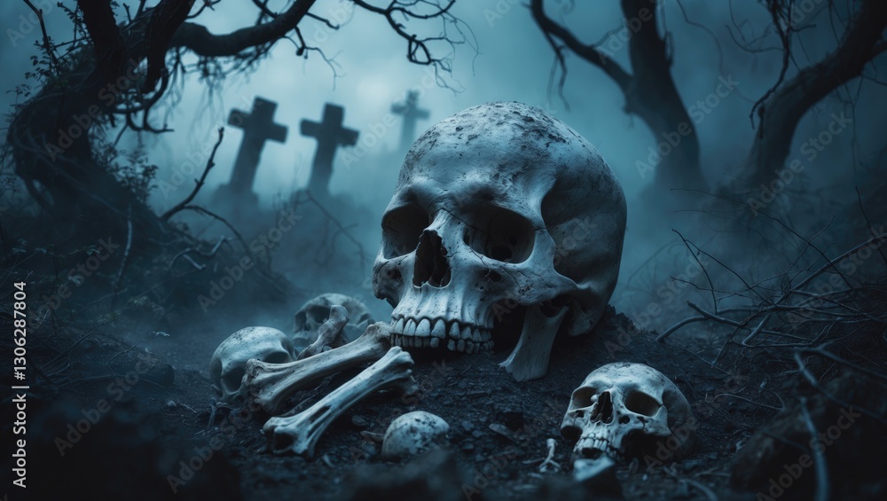 Poster skull and bones unearthed from a grave in a haunting cemetery with faint illumination. still life an