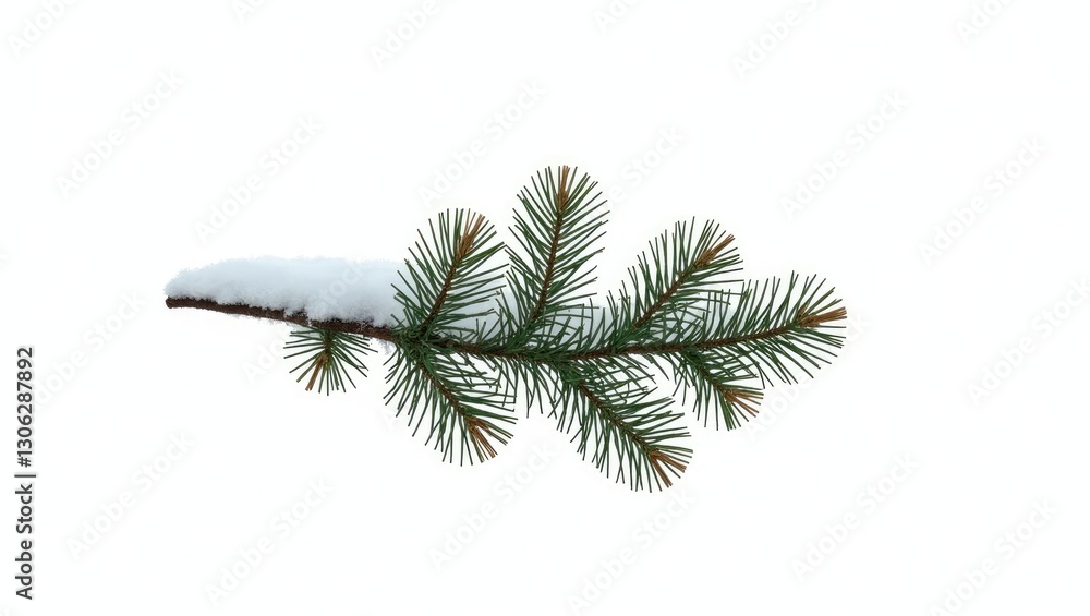 Poster isolated pine tree branch with a snowy tip set against a plain white background devoid of shadows