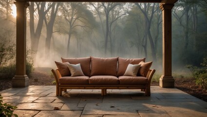 patio setting with a cozy sofa surrounded by a forest view