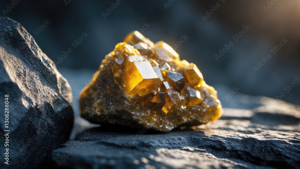 Poster raw chalcopyrite mineral resting on a stone surface, a close-up view of the shiny yellow-brown stone