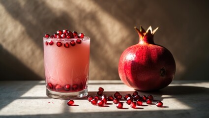 Pomegranate beverage accompanied by a pomegranate fruit.