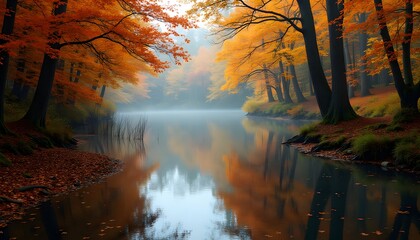 Naklejka premium Tranquil autumn forest reflects beauty in nature serene waters. 