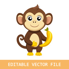 Naklejka premium Monkey with banana clipart. A cute cartoon monkey holding a peeled banana. Vector illustration design.