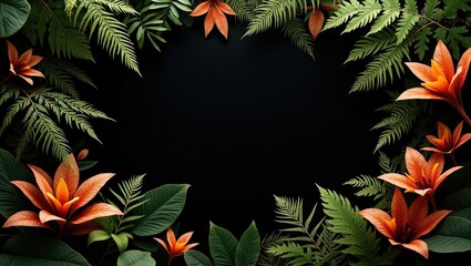 Tropical foliage featuring ferns, palms, philodendrons, and other lush plants is set against a black background, bordered by vibrant green leaves from the forest.