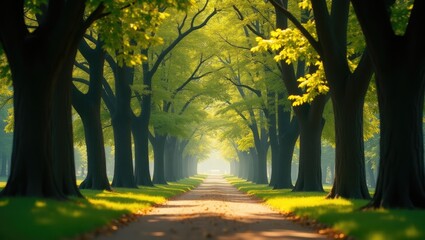 Naklejka premium Lush green trees in a sunlit park pathway