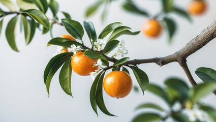Close-up of an orange tree against a white backdrop, featuring oranges and green leaves.