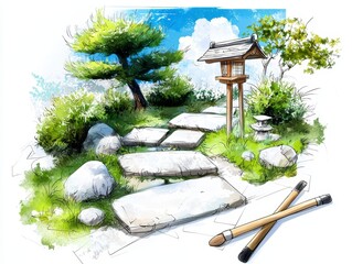 Serene garden pathway tranquil nature setting digital art peaceful environment aerial view zen concept