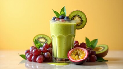 Freshly made passion fruit smoothie with vibrant ingredients.