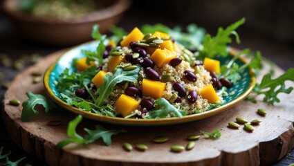 Quinoa salad with mango, black beans, arugula, and pumpkin seeds. Focused detail.