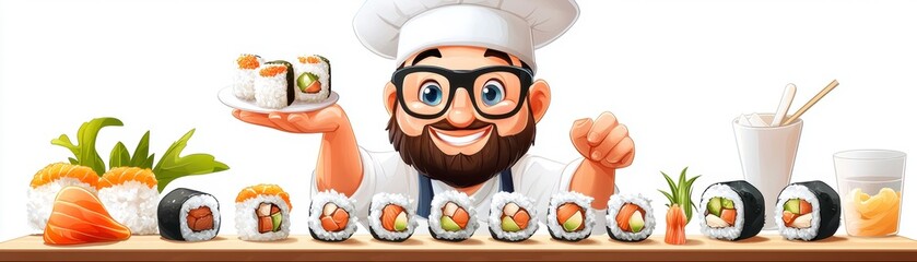Fototapeta premium Sushi preparation by a chef kitchen culinary art bright environment eye-level view japanese cuisine