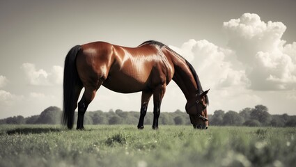 Obraz premium horse feeding on lush meadow grass