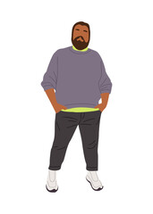 Stylish man wearing street fashion smart casual outfit. Handsome Plus size man standing full length in sweater and pants. Male character vector realistic illustration isolated