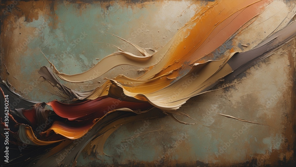Poster contemporary art piece featuring an oil painting on canvas with textured elements. background showca