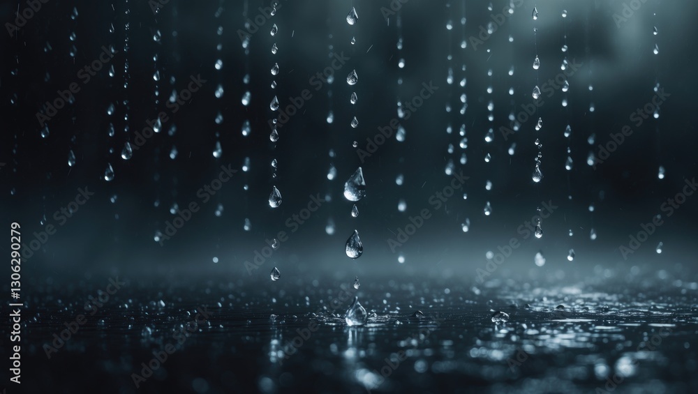 Poster image depicting intense rainfall against a dark backdrop. a realistic portrayal of raindrops in vary