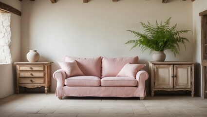 cozy farmhouse living room featuring a blank wall mockup, a soft pink sofa, rustic wooden furniture, and a lush green plant.