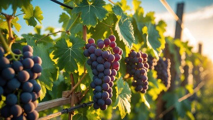 Fototapeta premium Vibrant Merlot grapes dangle from a summer vine in a sunlit vineyard. Backlit by sunlight.