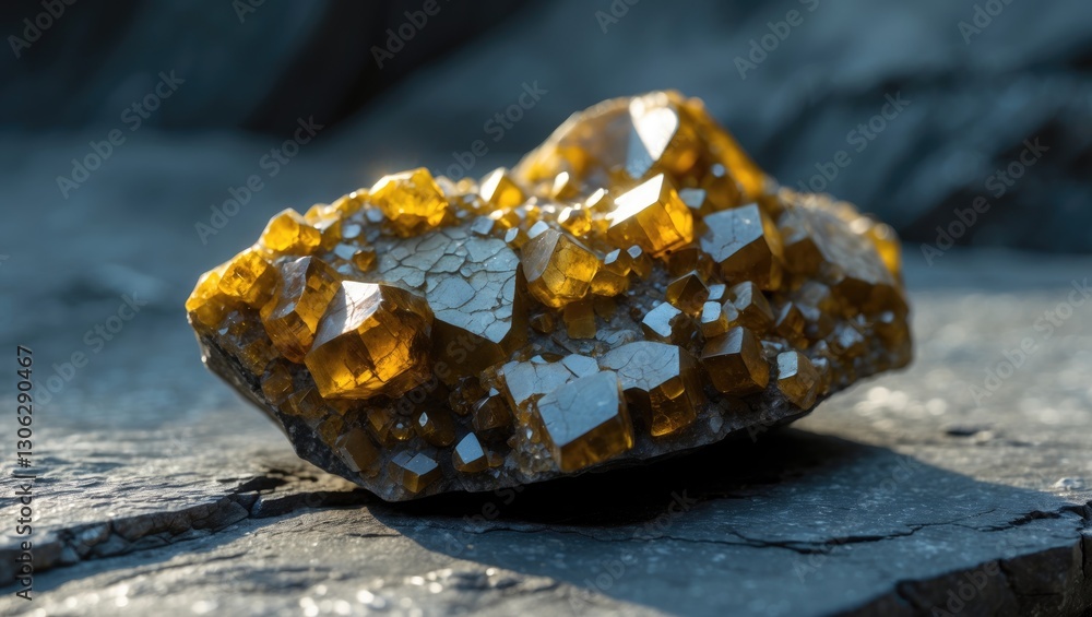 Poster close-up view of chalcopyrite mineral on stone surface, showcasing a macro image of glossy yellow-br