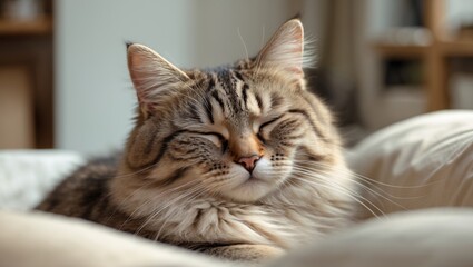 Fototapeta premium Sleepy-faced Italian tabby cat, adorable fluffy indoor feline. European kittens. Perfect for pet enthusiasts. Isolated.