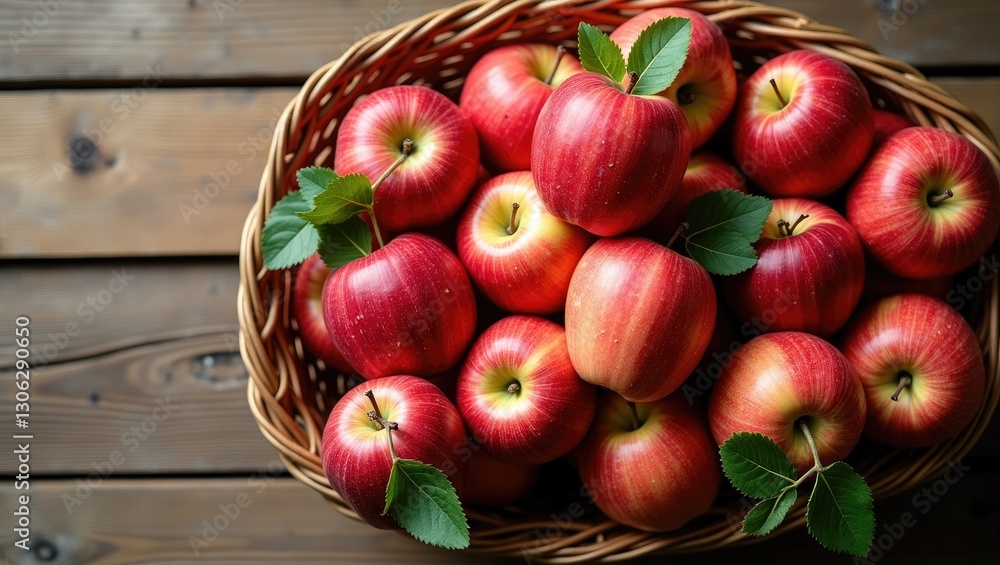 Aufkleber Freshly picked apples in a wicker basket on a wooden surface. Overhead view featuring ample space for text.