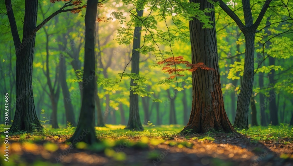 Wall mural trees in a spring forest with sunlight filtering through green foliage.