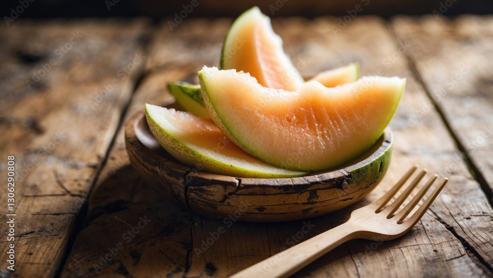 Poster slices of melon arranged in a bowl with a wooden fork on a rustic table