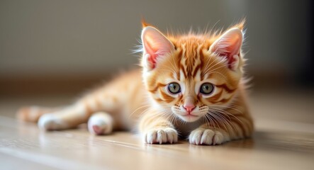 Orange kitten with a striped pattern resting on the floor.