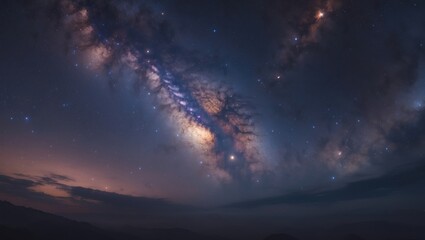 Fototapeta premium Expansive cosmic perspective showcasing the Milky Way galaxy adorned with stars against a nighttime sky backdrop. This galaxy is home to our Solar System.
