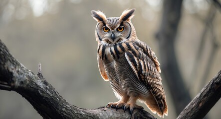 Eurasian Owl with Prominent Ears Perched on a Branch