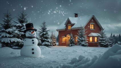 Obraz premium Image title: Snapshot of a crimson-brick vacation house featuring a snowman, evergreen trees, snowdrifts, and gently falling snowflakes.