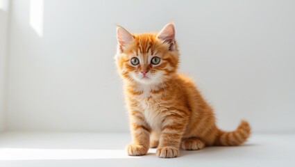seven-week-old orange tabby kitten perched on a white background