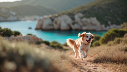 Image of a dog joyfully running and exploring the rocky coastal landscape of Menorca.