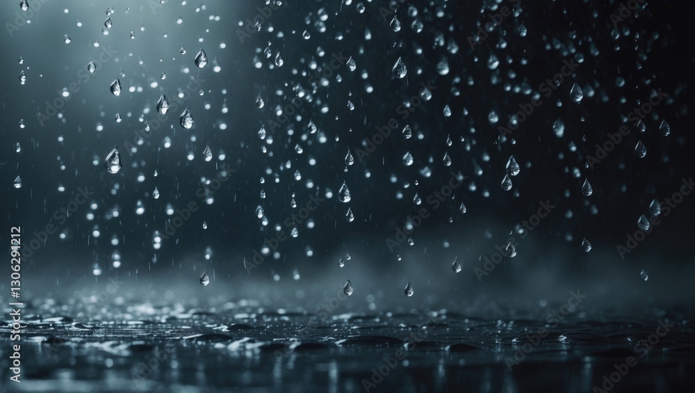 Poster image title: heavy rainfall captured against a dark backdrop. a depiction of realistic raindrops in 