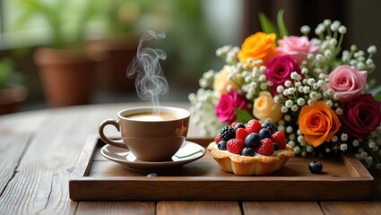 A wooden serving tray holds a cup of coffee, a tempting fruit tart, and a bouquet of flowers.