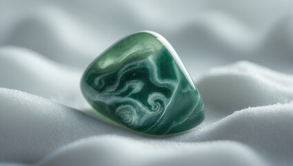 Detailed close-up of a natural mineral rock - polished green aventurine stone set against a white backdrop.