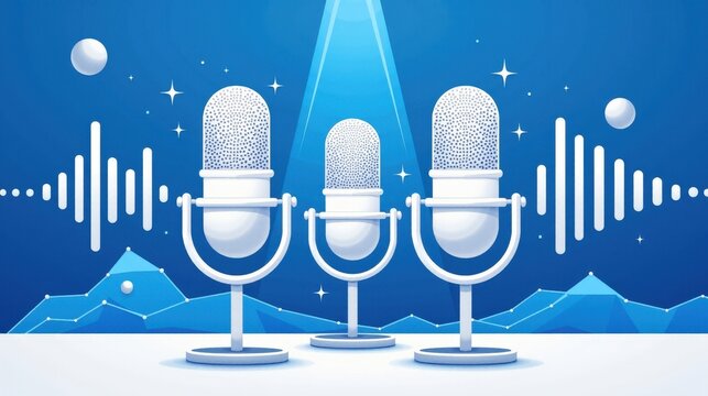 A stock illustration representing Unity in blue and white, incorporating geometric forms and metaphors of microphones and sound waves, emphasizing spatial complexity and visual hierarchy.