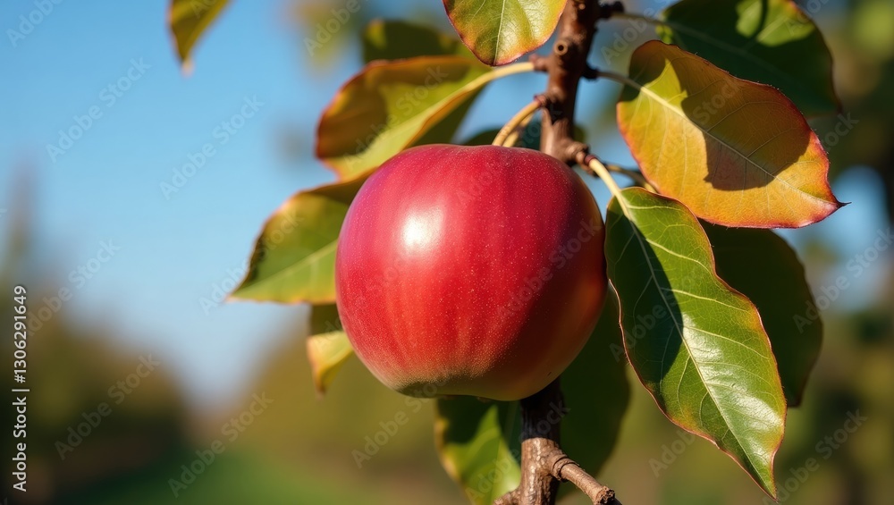 Aufkleber perspective from below of a red apple hanging on a tree branch surrounded by leaves in an autumn orc