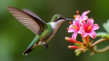 Fototapeta premium Beautiful Green-crowned Brilliant hummingbird, Heliodoxa jacula, hovering near a vibrant pink flower with additional blooms in the background, La Paz, Costa Rica. Bird feeding on nectar from the bl...