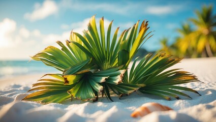 Fototapeta premium Lush green palm fronds by a sandy tropical shoreline