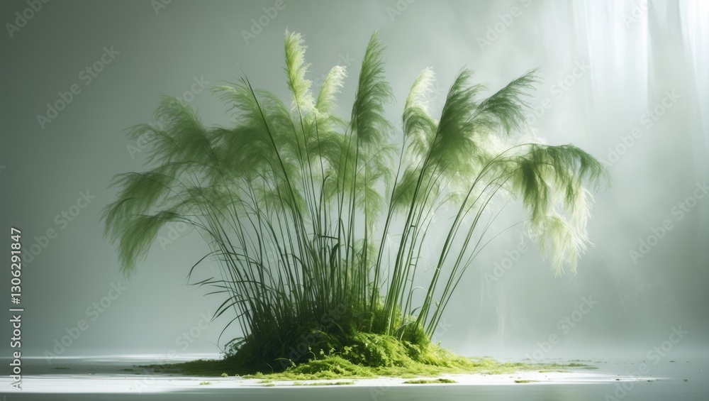 Poster cluster of reeds with green moss set against a white backdrop.