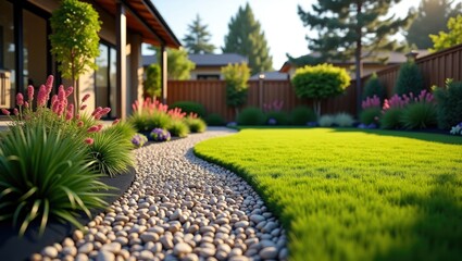 Contemporary backyard landscaping featuring a decorative garden. The lawn is surrounded by a natural mulch border alongside plants, complemented by a pebble and gravel pathway.