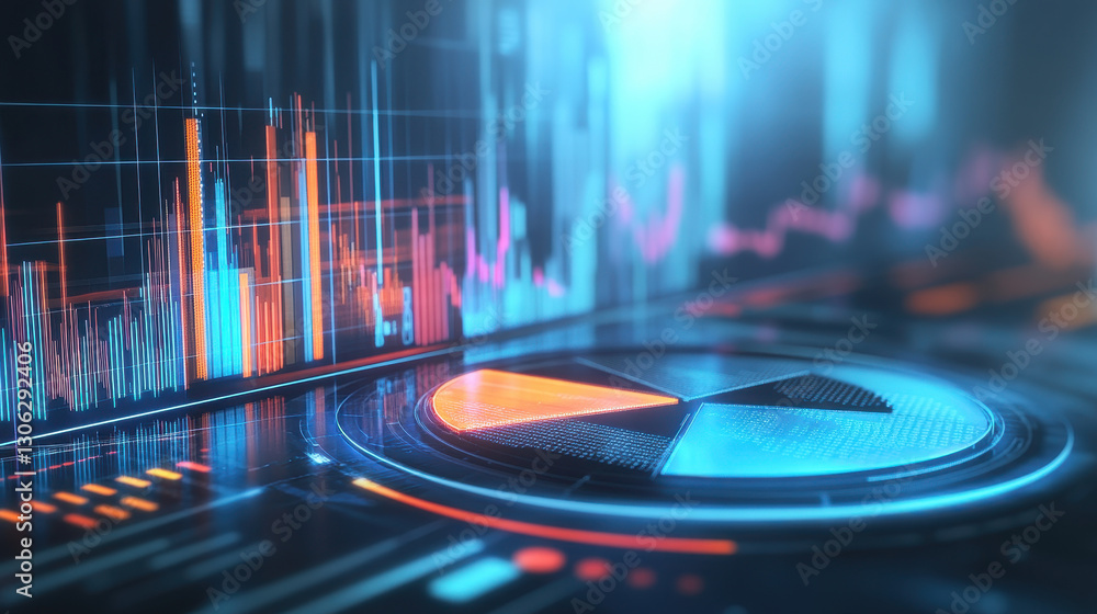 Poster abstract digital financial chart and pie graph on a futuristic background with a blue glow