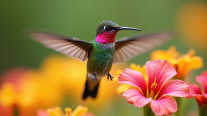 Male Anna's Hummingbird in Flight Among Blossoms
