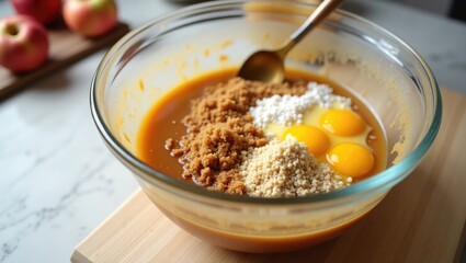 Combining ingredients in a big glass bowl to prepare apple bundt cake topped with caramel sauce.