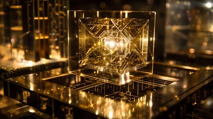 Fototapeta premium Golden Abstract Cube Surrounded by Bright Light and Geometric Shapes in Futuristic Style