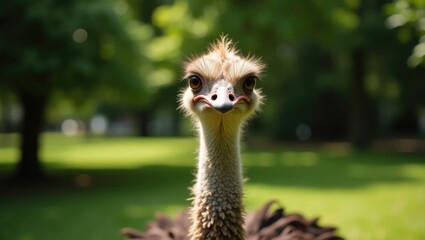 Close-up of an ostrich in a green park. (With selective focus)