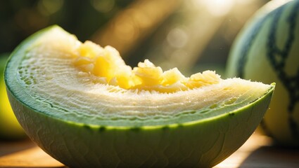 Slice of freshly cut Honeydew Melon (detailed close-up; focused shot)