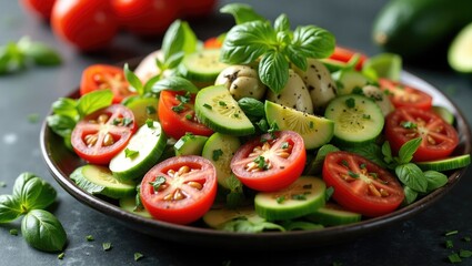 Vibrant salad featuring tomatoes, cucumbers, and avocados topped with fresh herbs, set against a dark stone background. A refreshing summer dish.